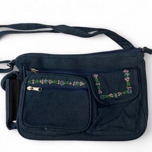 Floral Embroidered Denim Crossbody Bag